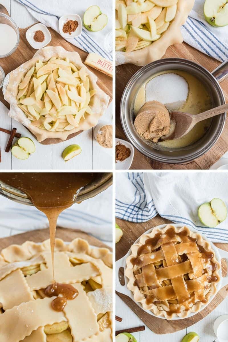 steps to make apple pie: apples in pie pan, top with crust, pour caramel on top