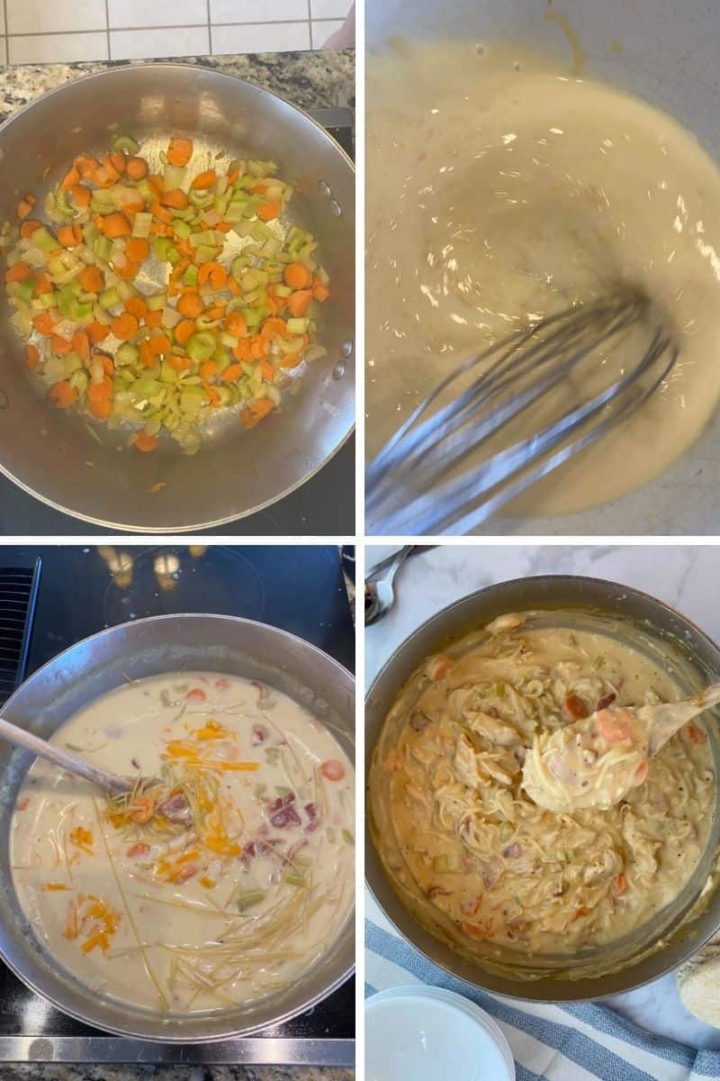 four steps to make soup: veggies, stir milk, add in chicken and pasta. 