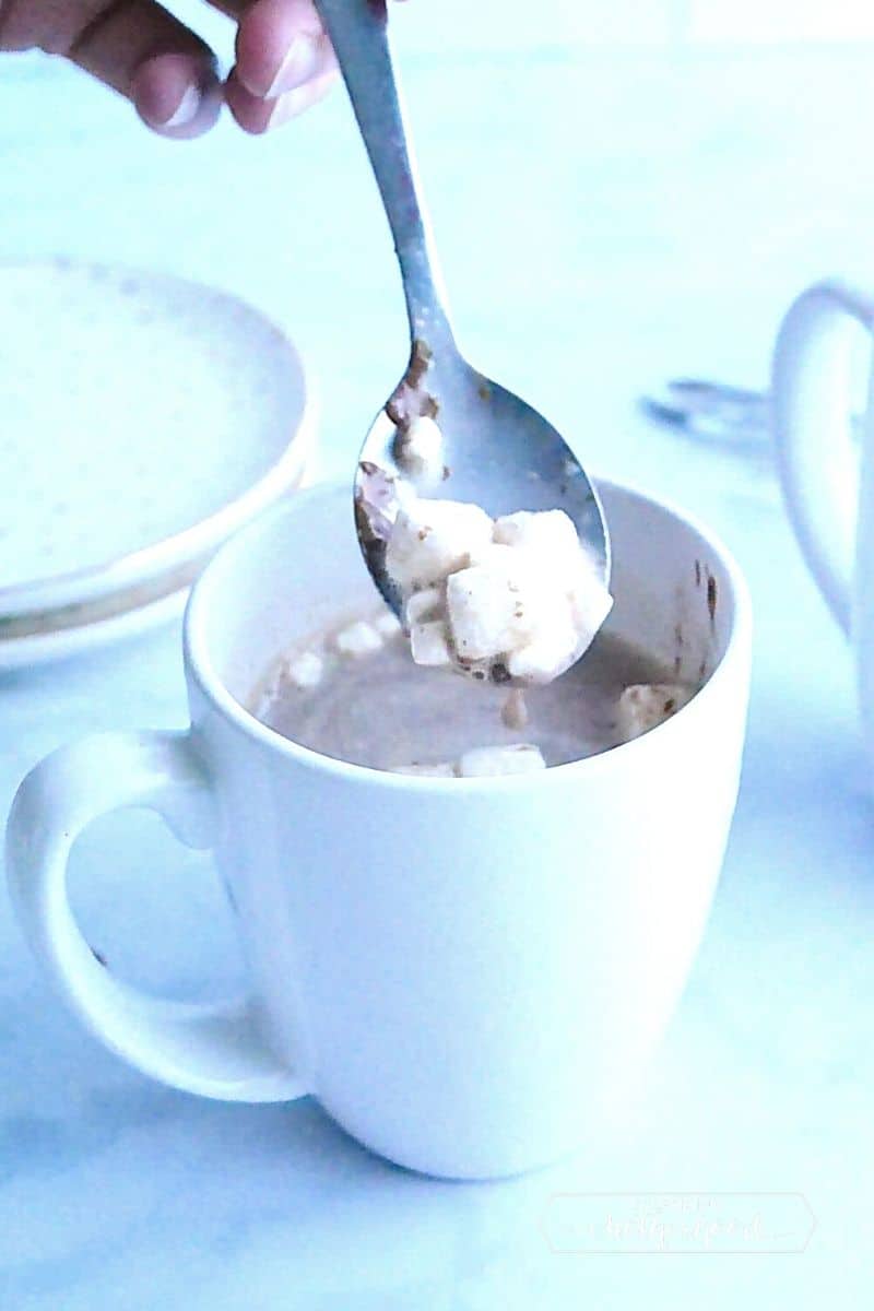Cup of hot chocolate with spoon showing marshmallows. 