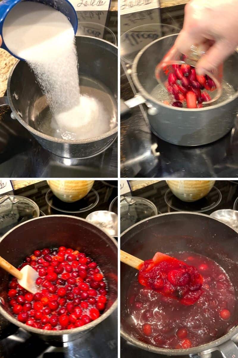 Boiling cranberries in water in saucepan.