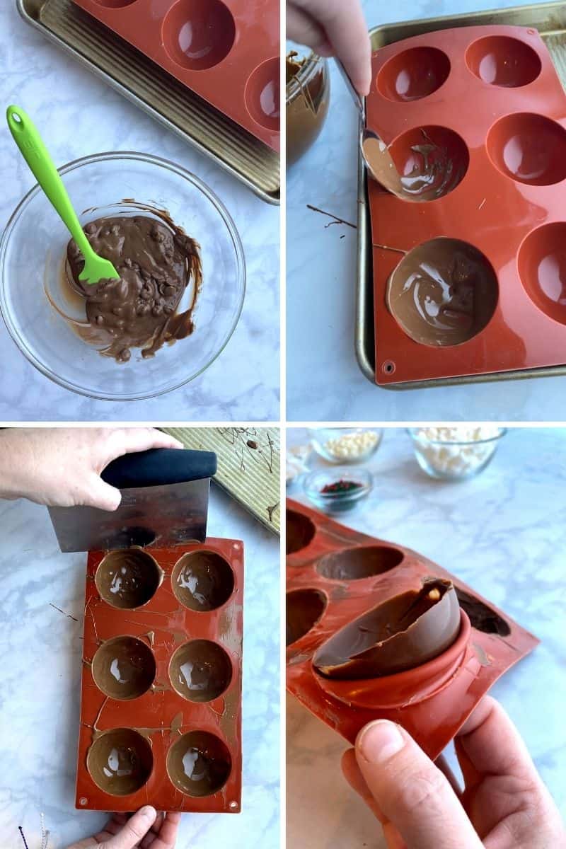 Step by step of putting melted chocolate in molds.