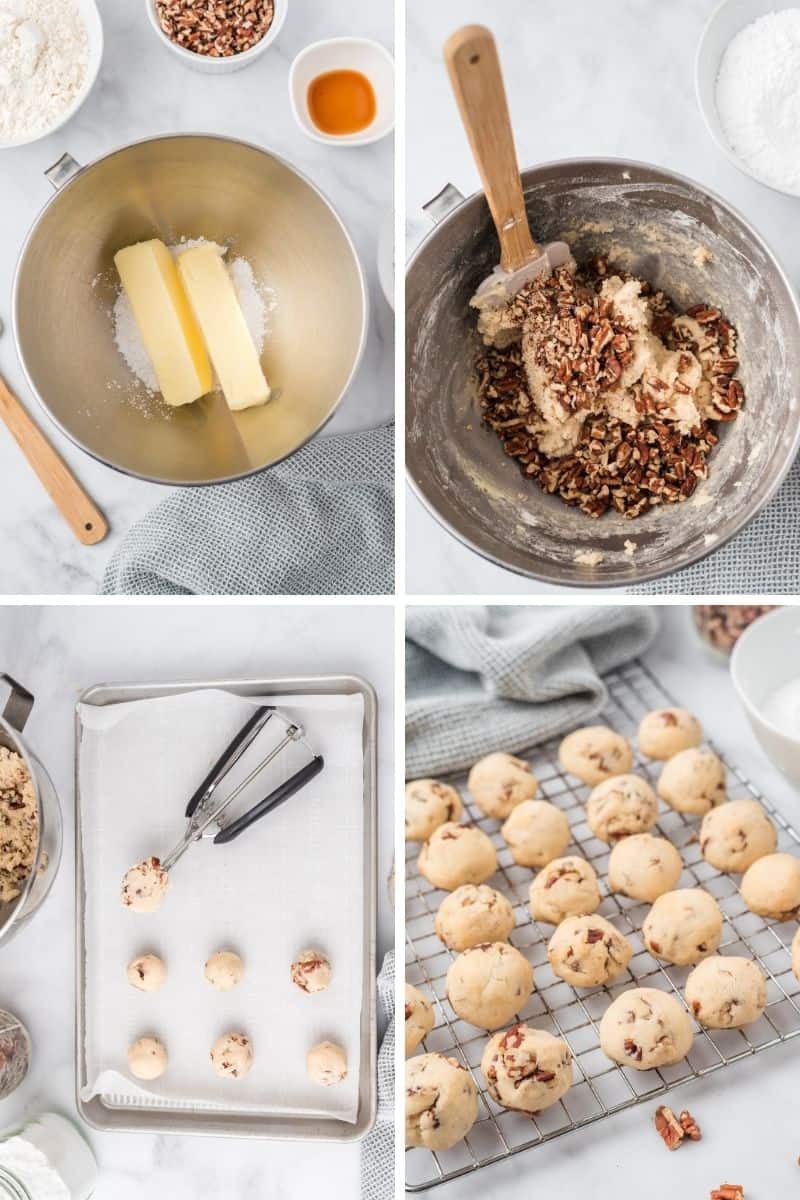 creaming butter, adding pecans, rolling into balls. 