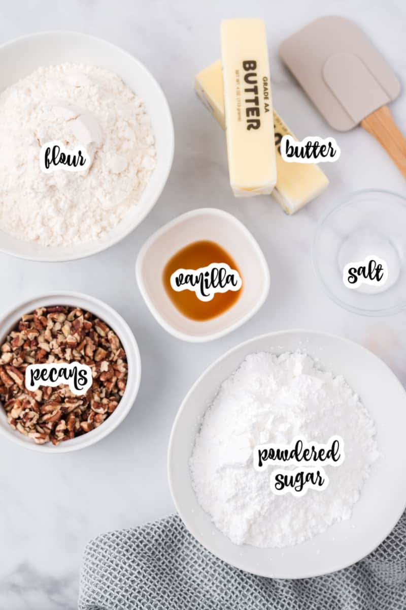 ingredients: butter, powdered sugar, vanilla, flour, salt, pecans