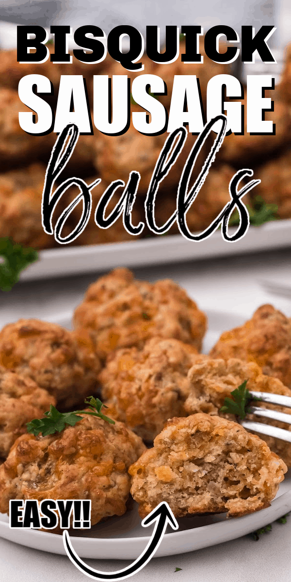 These sausage balls are an easy appetizer or a quick breakfast on-the-go! Made with Bisquick, shredded cheddar cheese, and flavorful pork sausage, they're formed into balls and baked in the oven until golden brown.  