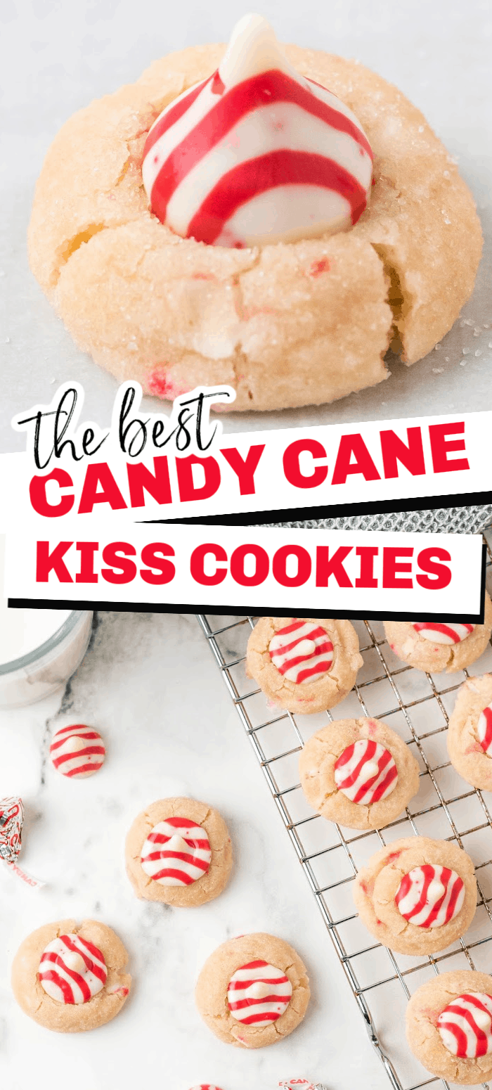 Candy cane kiss cookies are a buttery, peppermint cookie with a peppermint Hershey's kiss on top!