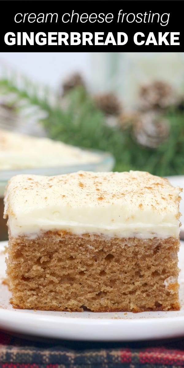 This gingerbread sheet cake is made with a touch of molasses and the holiday flavors of cinnamon, ginger, nutmeg, and cloves. It's topped with a buttery cream cheese frosting and added cinnamon! Tastes like Christmas!