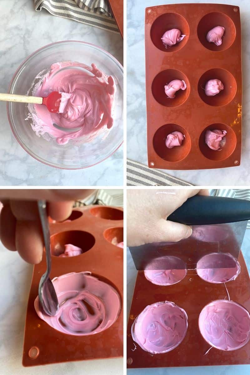 steps to make Valentine's hot chocolate bombs: melt chocolate, pour into mold, spread with spoon, scrape the top edges