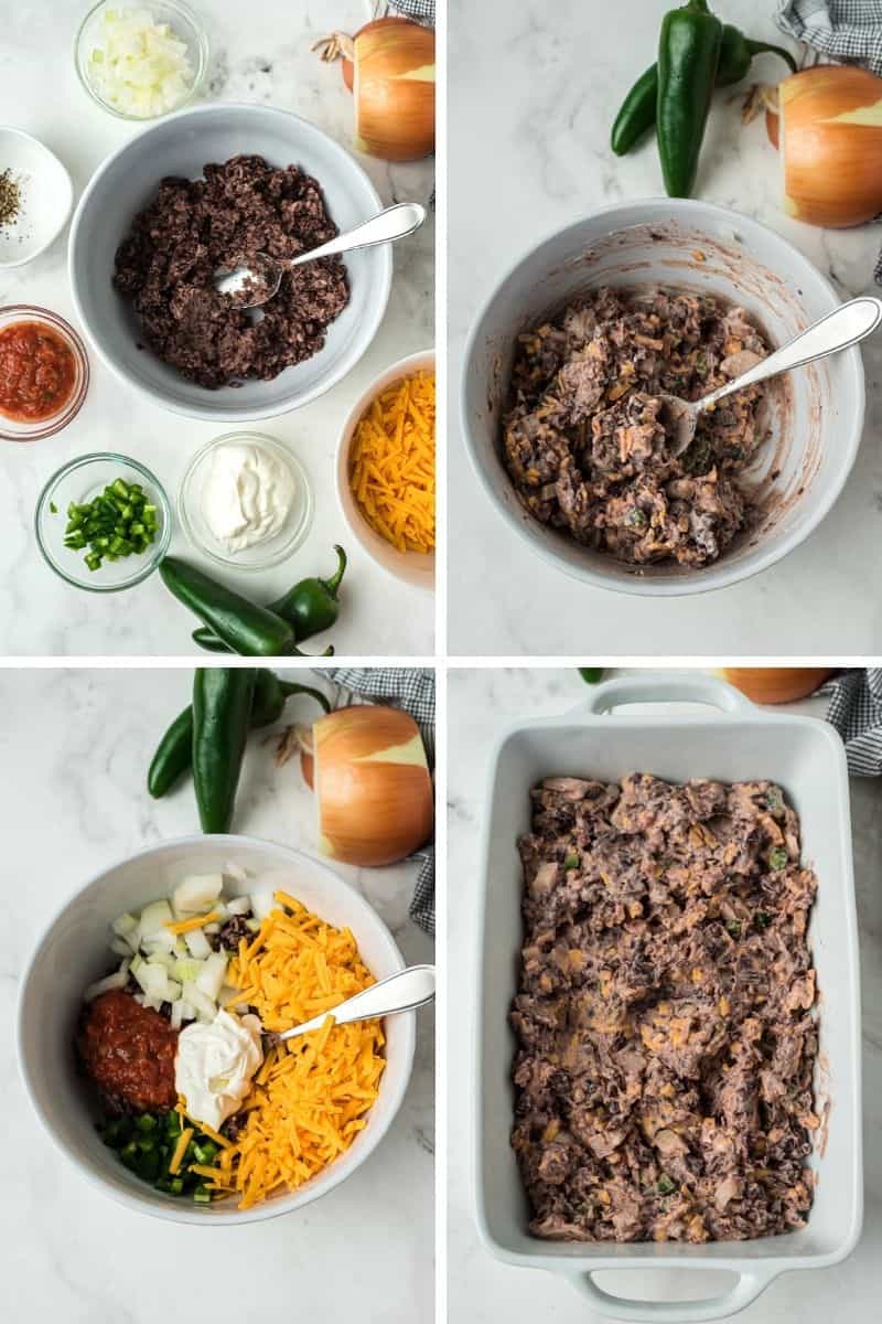 steps to make black bean dip: mash black beans, add the rest of the ingredients, spread into baking dish