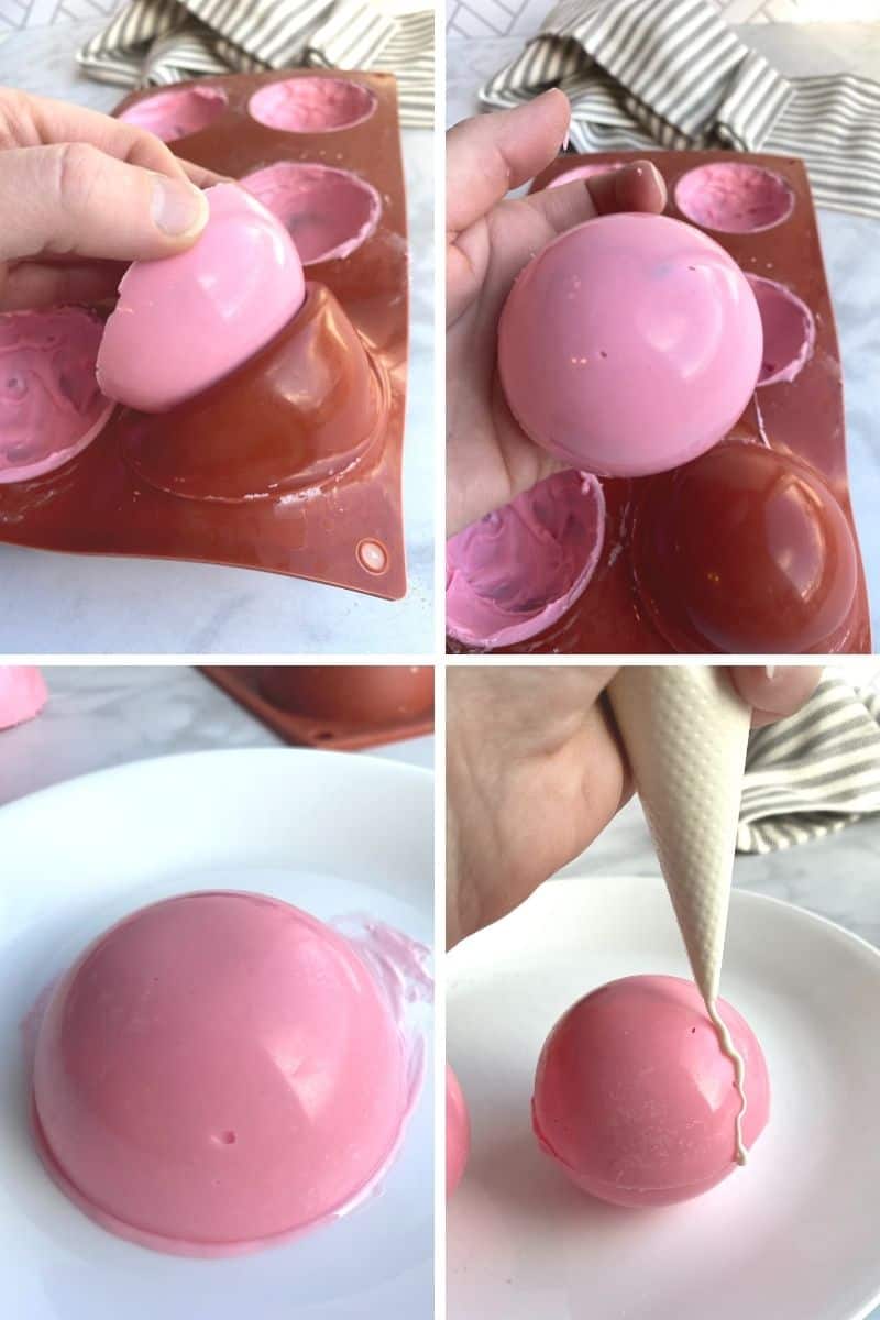 removing chocolate from mold and putting two shells together to form a sphere.