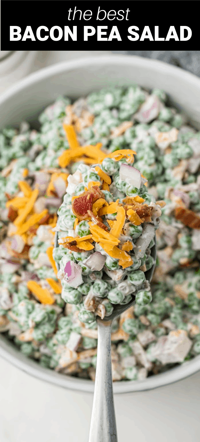 Creamy bacon pea salad is a refreshing side dish and the perfect comfort food. Made with frozen peas, bacon, cheddar cheese, and red onion, then tossed in a creamy mayonnaise-based dressing, this simple salad is a great side for the summer or holiday meal.