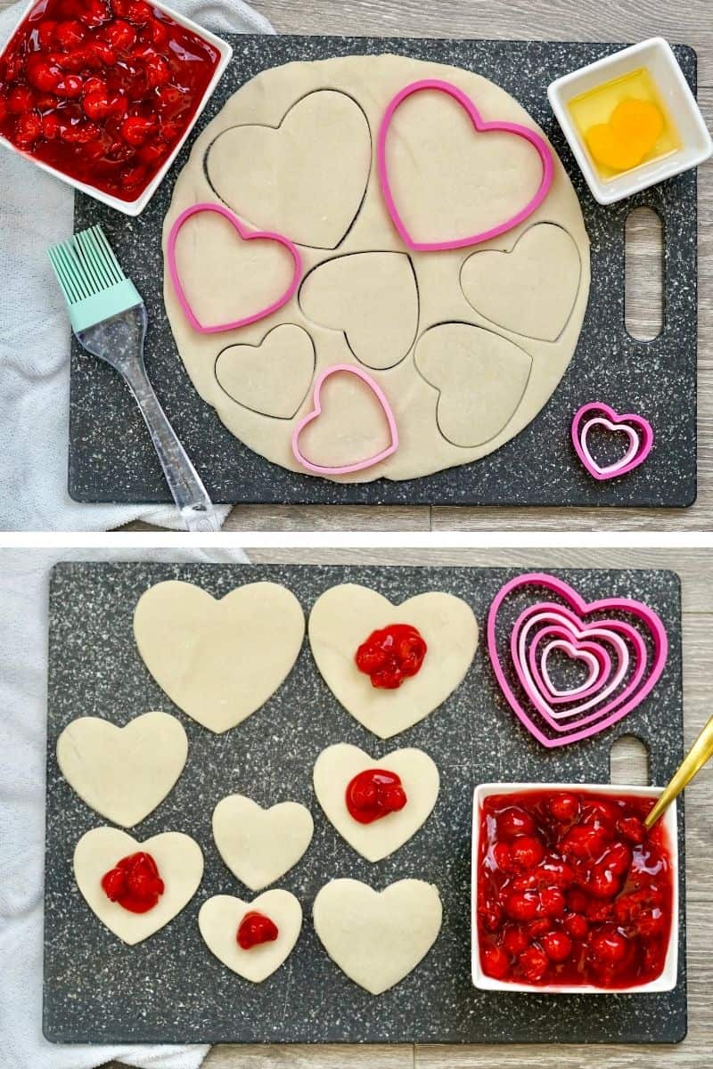 cut out heart shapes from pie crust, add 1-2 tablespoons pie filling in middle 