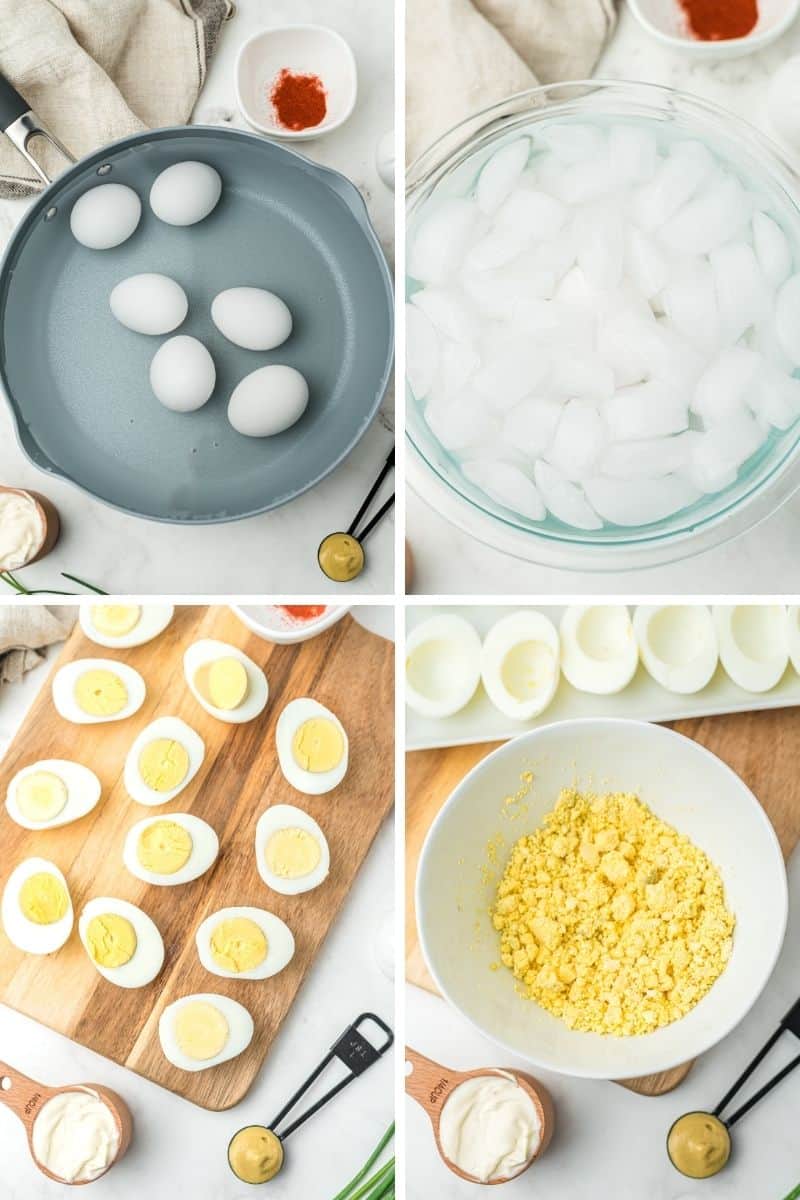 boil eggs, put in ice water bath, peel and cut eggs in half, remove yolks