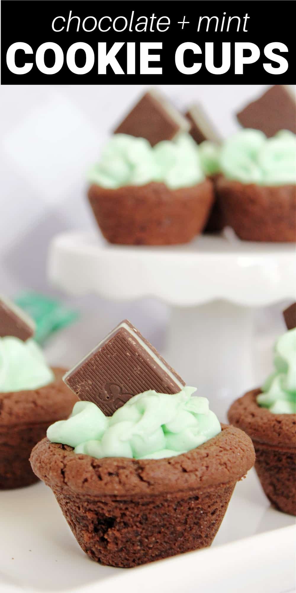 Chocolate mint cookie cups are a simple chocolate cookie dough pressed into a mini-muffin pan making a hole to fill with creamy mint buttercream frosting. Topped with an Andes mint, these are a cute chocolate mint dessert.