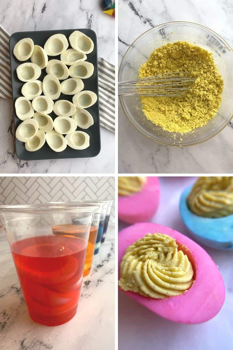 steps to make colored deviled eggs for Easter. Remove yolks, smash yolks with fork, add whites to food coloring, pipe finished yolk mixture into colored egg white