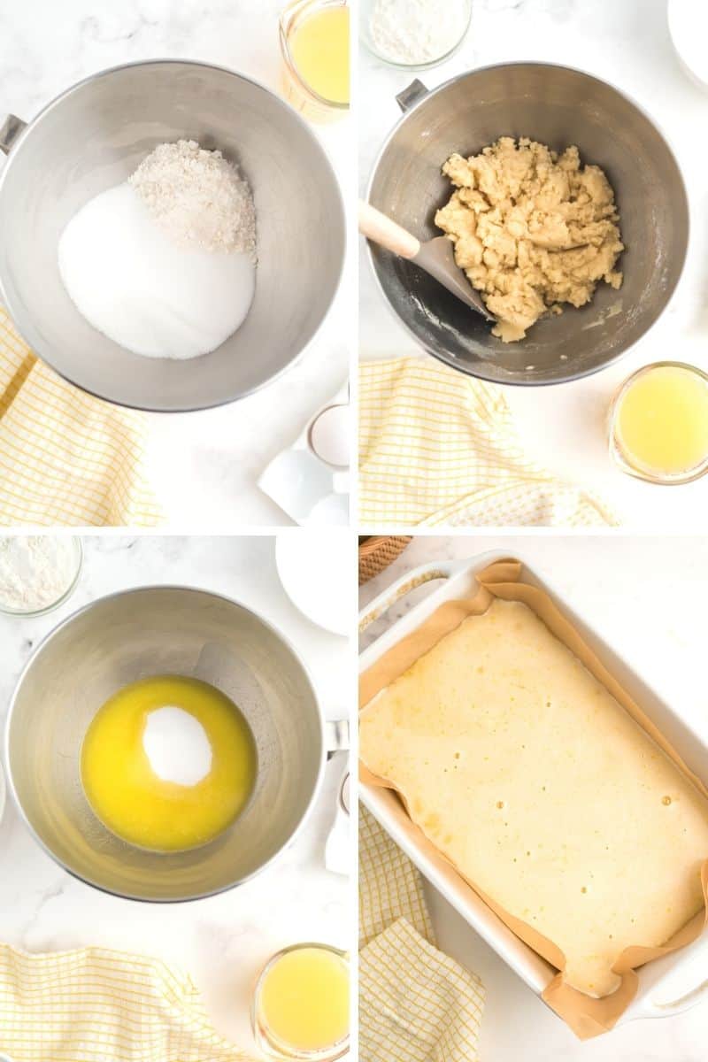 adding ingredients into bowl, baking dish with parchment and lemon bars inside
