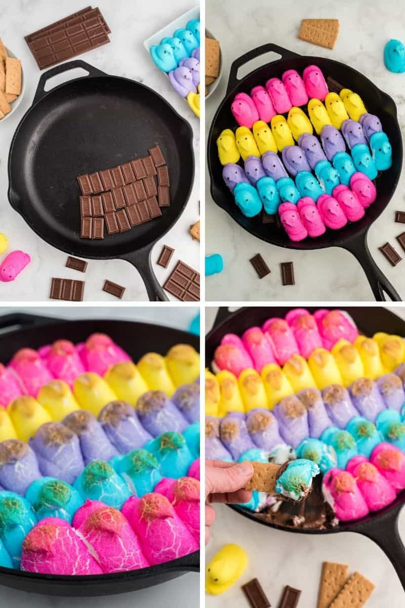steps: chocolate pieces in cast iron skillet, top with peeps, roasted peeps, finished peeps with graham cracker
