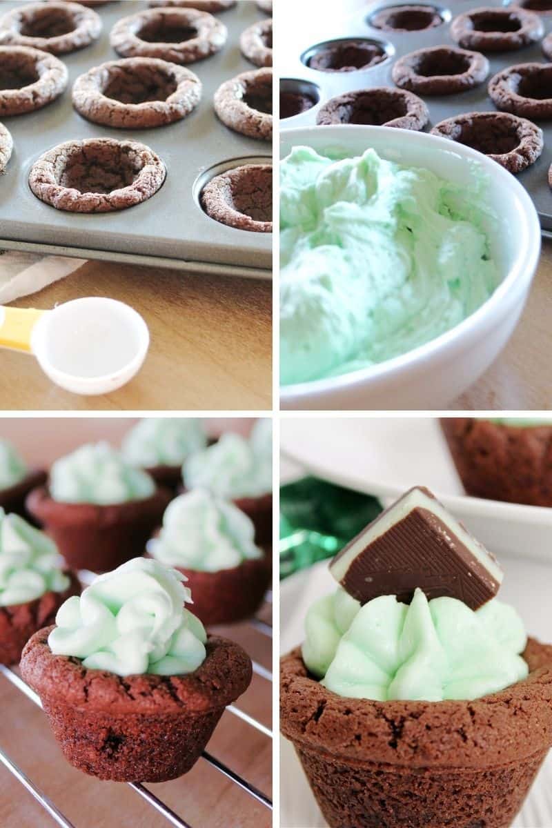 cookie cups in mini muffin pans, then add green frosting, and an andes mint