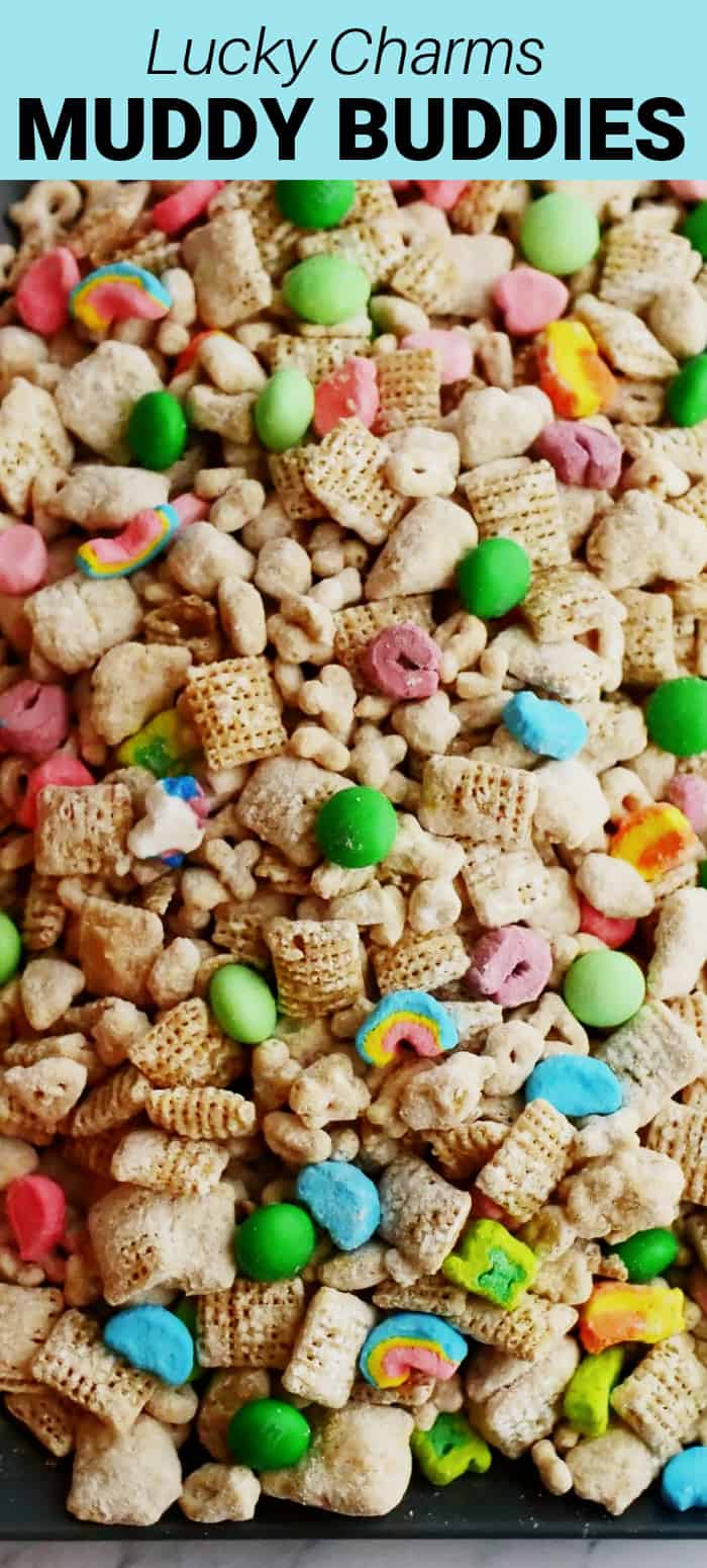 Lucky Charms Muddy Buddies is a fun sweet treat for St. Patrick's Day or any time you want a little, fun treat made with cereal, chocolate, powdered sugar, and peanut butter. 
