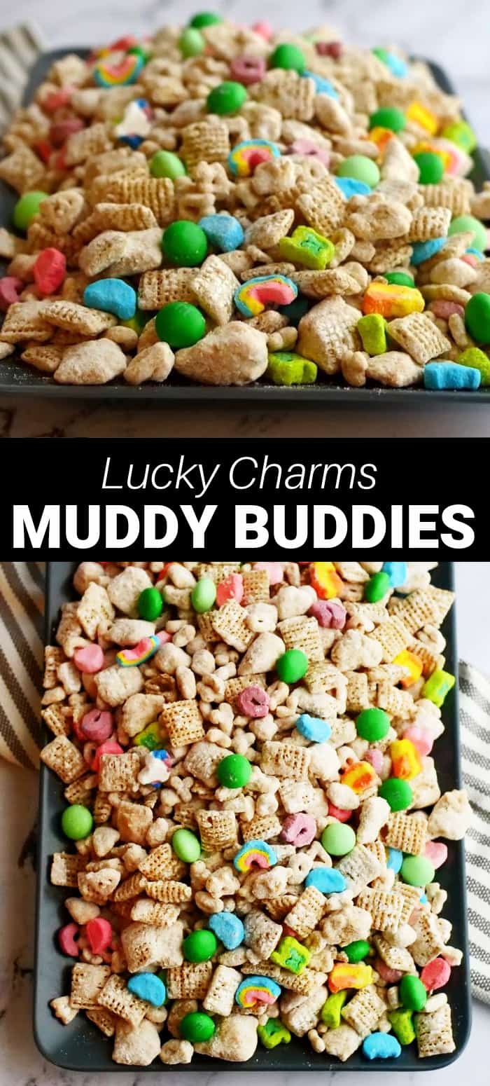 Lucky Charms Muddy Buddies is a fun sweet treat for St. Patrick's Day or any time you want a little, fun treat made with cereal, chocolate, powdered sugar, and peanut butter. 