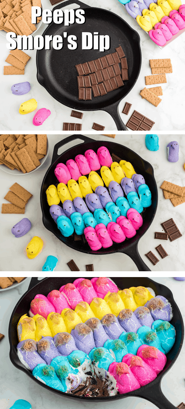 Peeps S'mores dip is the perfect, fun dessert for Easter. Melted chocolate topped with soft, warm Easter Peeps makes the perfect dip for graham crackers. 