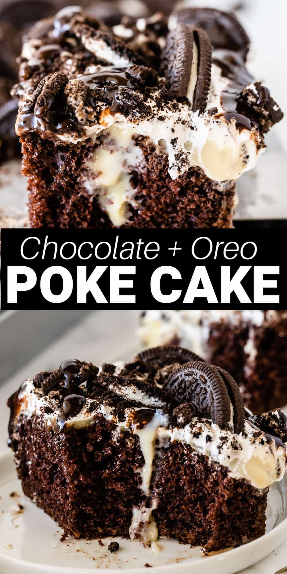 This Oreo poke cake is an easy and delicious moist chocolate cake that's loaded with cream pudding and topped with a whipped topping, Oreos and chocolate cause. It's an Oreo-lovers dream and is perfect for a birthday party, holiday, or a get together with family and friends.