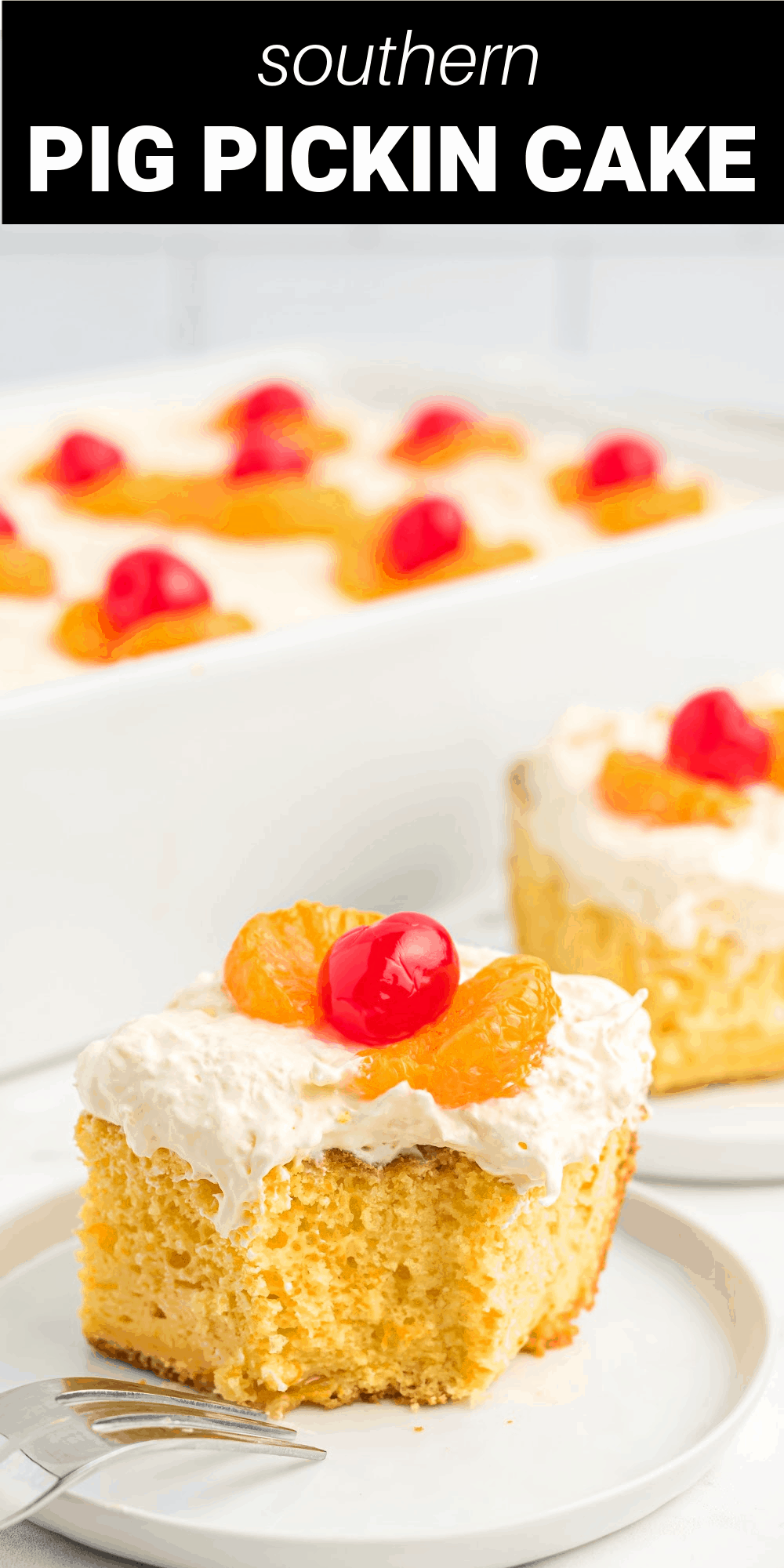 Pig Pickin Cake is a classic moist and delicious mandarin orange cake that's topped with a whipped cream and crushed pineapple frosting making it a light and refreshing dessert that's perfect for summer barbeques, family reunions, and the Fourth of July.