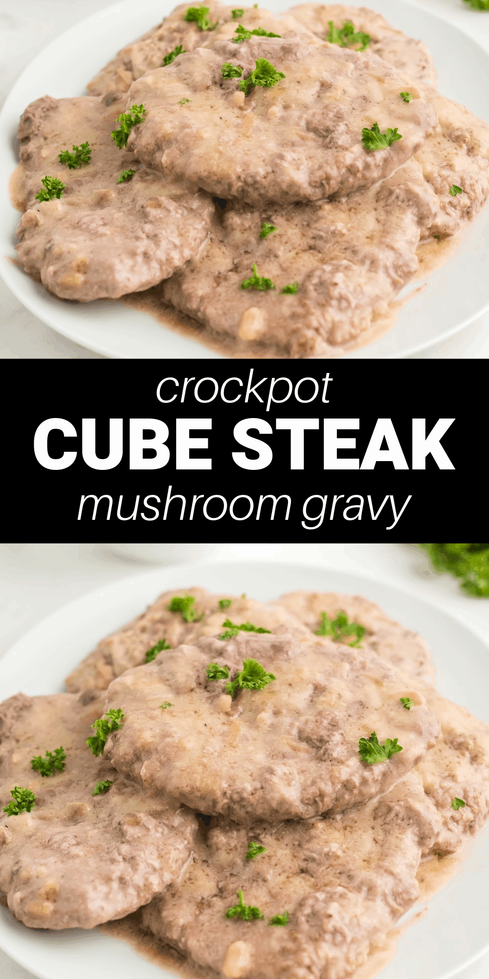 With just 6 simple ingredients, this Crockpot Cube Steak with Mushroom Gravy is a fast and easy dinner recipe for the family. Season the cube steak in the frying pan and then set it in the crockpot with mushroom soup and onion soup mix that makes the most amazing brown gravy.