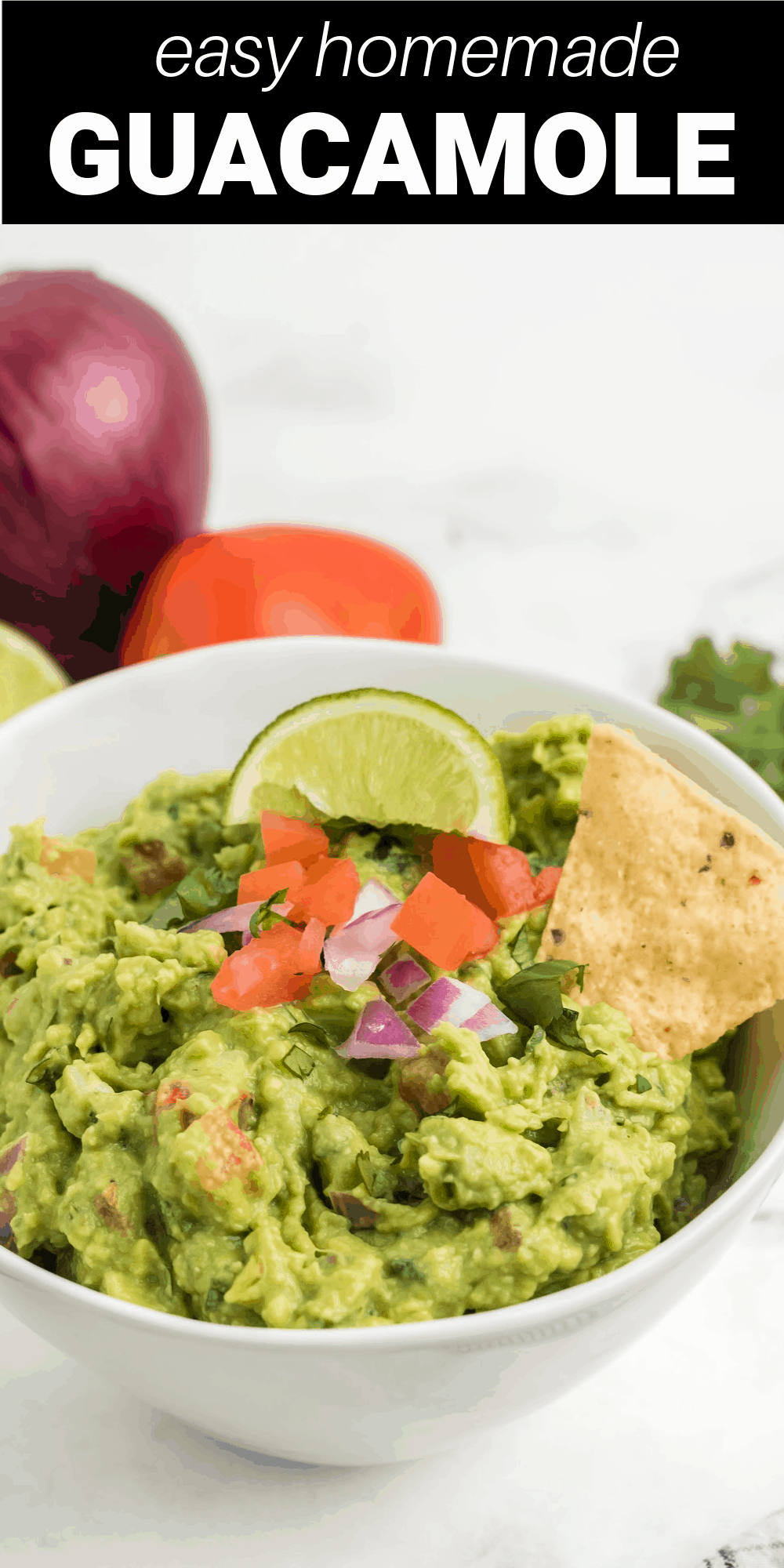 This easy guacamole recipe uses fresh ingredients to make the perfect appetizer or taco topping. All you need are simple ingredients: ripe avocados, red onion, tomatoes, cilantro, garlic, lime juice, and salt and pepper. Add a little hot sauce to kick it up a notch!