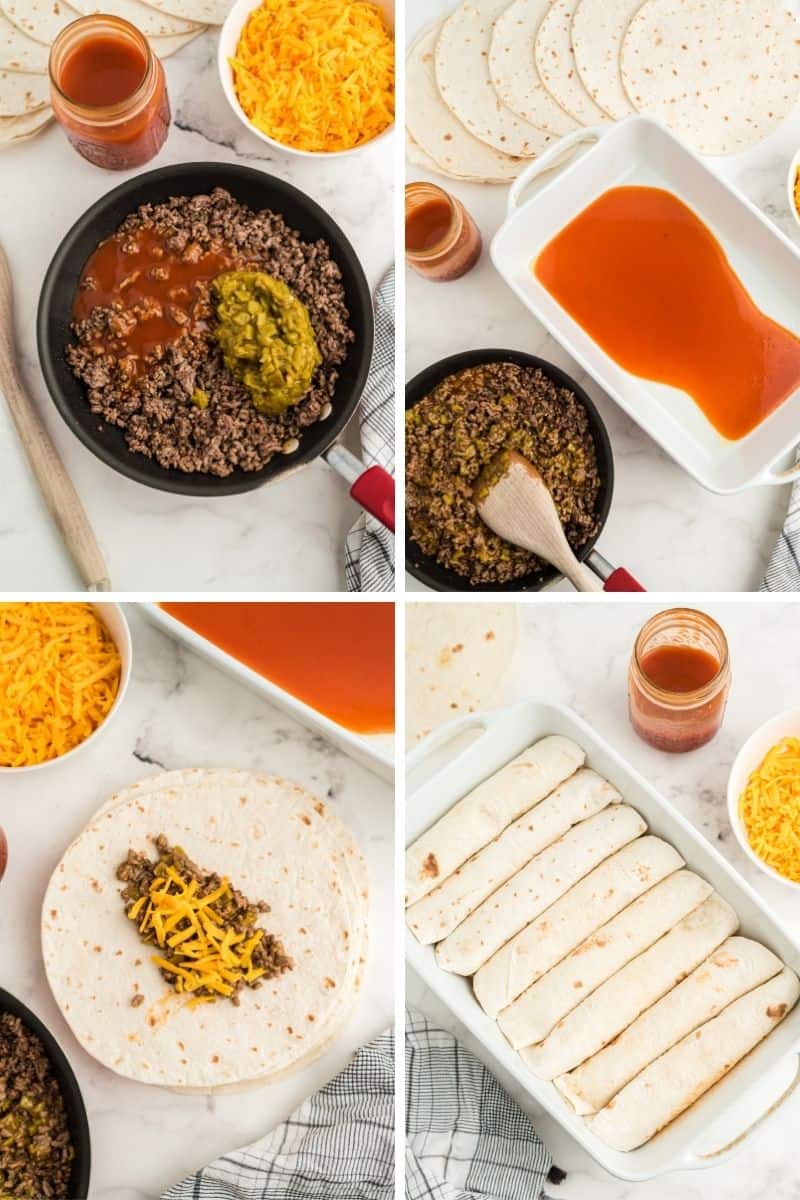 steps to make: ground beef in pan, add beef and cheese on top or tortilla, rolled tortillas in white baking dish