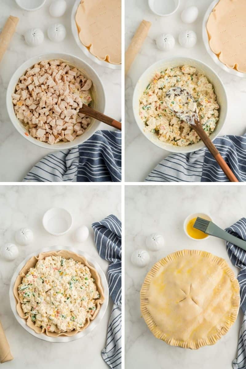 four steps: add chicken, mix together, chicken mixture in pie shell, covered with pie dough with four slits and an egg wash on top