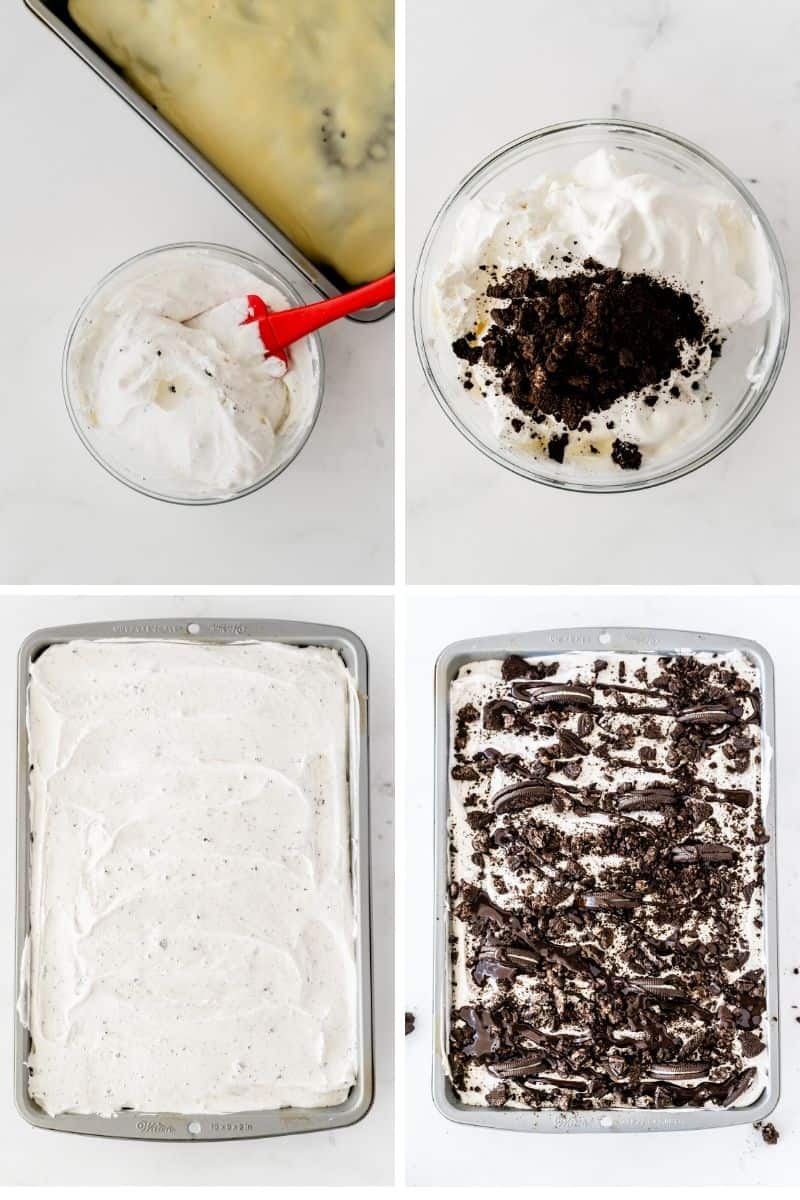 four process photos: mixing whipped cream, add cookie crumbs to whipped cream, spread whipped cream on top of cake, add layer of crushed oreos and oreo pieces