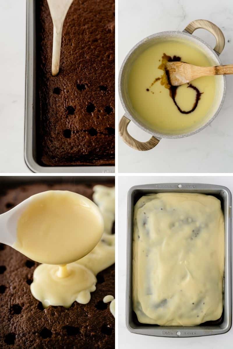 four process pictures: poking holes in cake with back of wooden spoon, mixing pudding together, pouring pudding onto top of chocolate cake, spread pudding over top of cake
