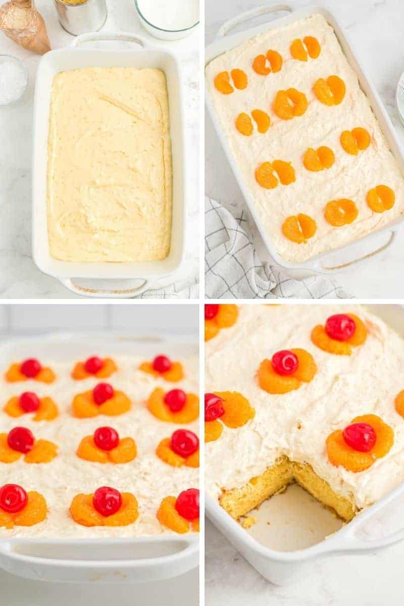 white rectangle baking dish with yellow frosting; added rows of two mandarin oranges facing each other; added cherry in the middle of each pair or oranges; one slice out of the cake showing the yellow inside