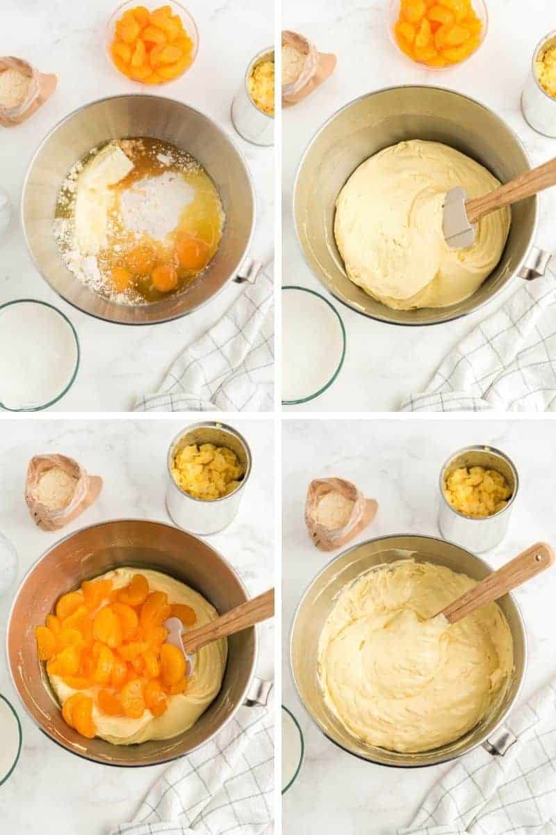 cake mix, butter, eggs in bowl; mixed together it's yellow and creamy; added mandarin oranges; mixed together