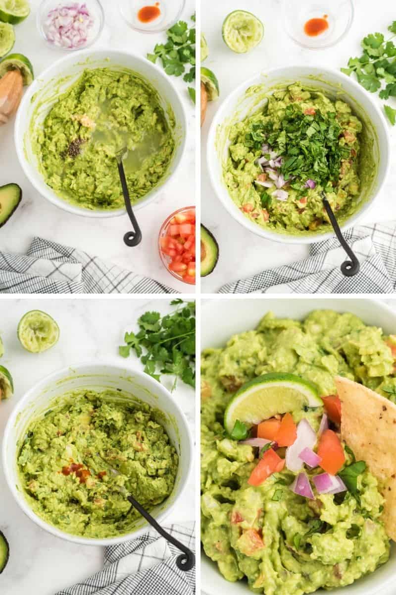 mashing avocado, then adding cilantro and onion, then tomato, and a close up with a chip coming out of the guacamole