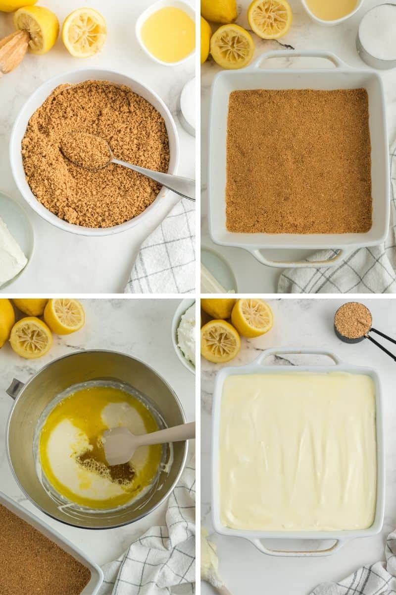 four steps: mix graham crackers and melted butter; put in the bottom of a white dish; mix cheesecake ingredients in bowl, then pour on top of graham cracker crust