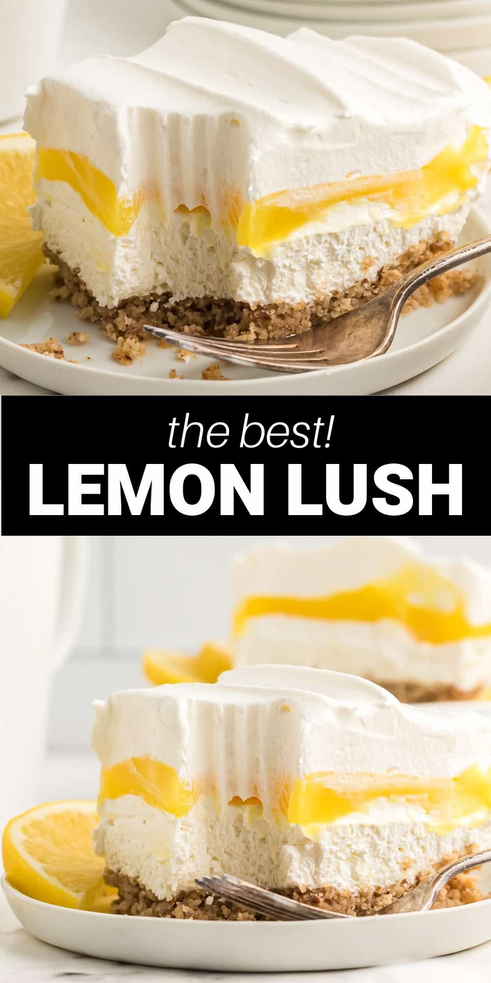 This Lemon Lush dessert is a refreshing and light lemon dessert that's perfect for spring and summer. It's an easy layered dessert with creamy layers of cheesecake using cream cheese, lemon pudding, and whipped cream on an amazing pecan crust!