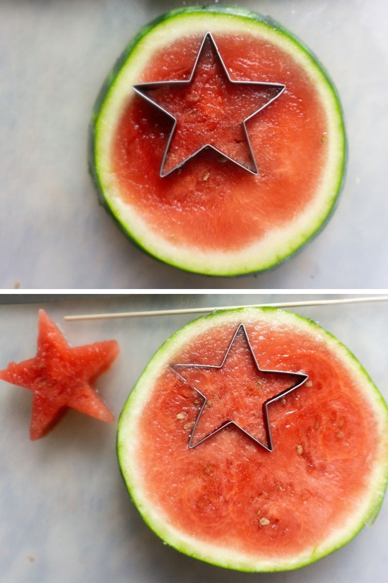 two photos: 1. flat watermelon slice with star-shaped cookie cutter pushed in. 2. stars shaped watermelon piece removed from watermelon