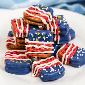 stacked red white and blue pretzels