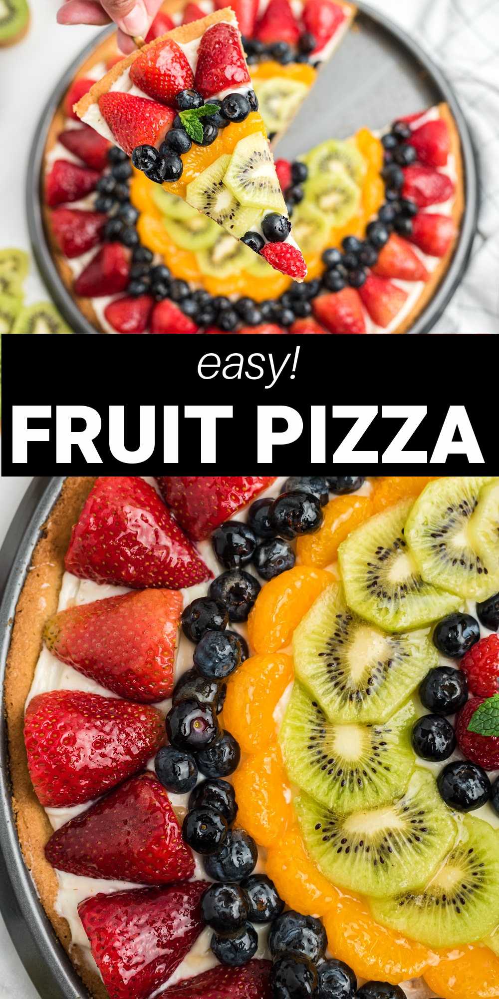 Fruit Pizza is covered bursting with colorful fresh fruit full of naturally sweet flavors on a sugar cookie crust. It has dreamy cream cheese frosting that make this fruit dessert absolutely irresistible.
