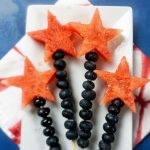 four skewers on plate with watermelon star on top and blueberries down the skewer