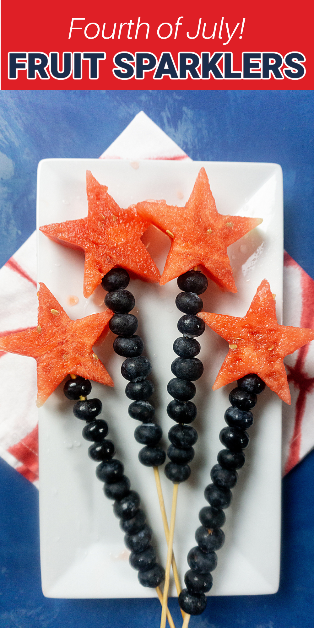These star spangled fruit sparklers are a great way to offer a special Fourth of July treat without adding unnecessary sugar. Make these Fourth of July fruit sparklers with just watermelon, blueberries, and skewers!