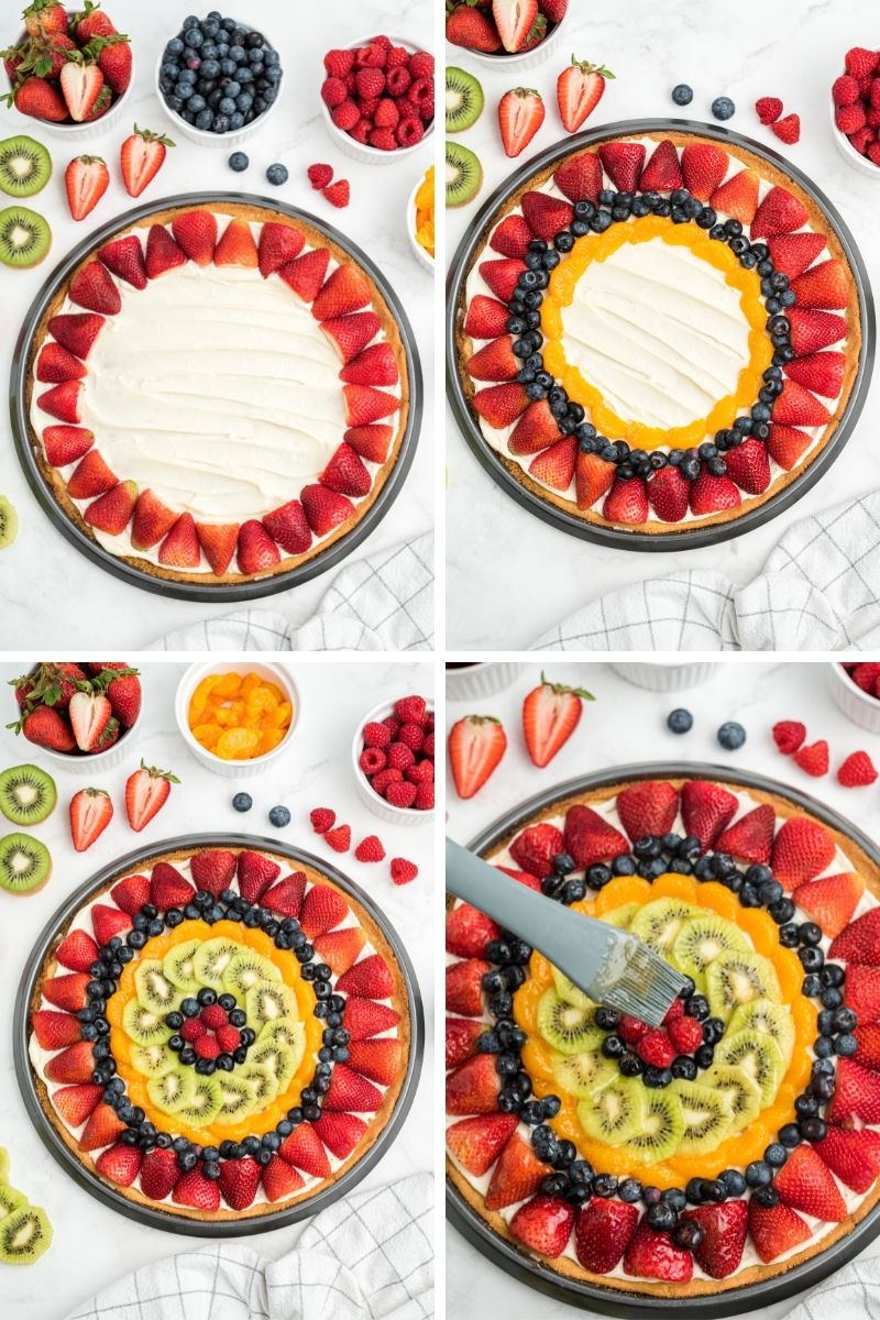 four process photos: frosted cookie with strawberries on the edge; added blueberries and mandarin oranges; added kiwi, blueberries and raspberries in the middle; spreading glaze on top