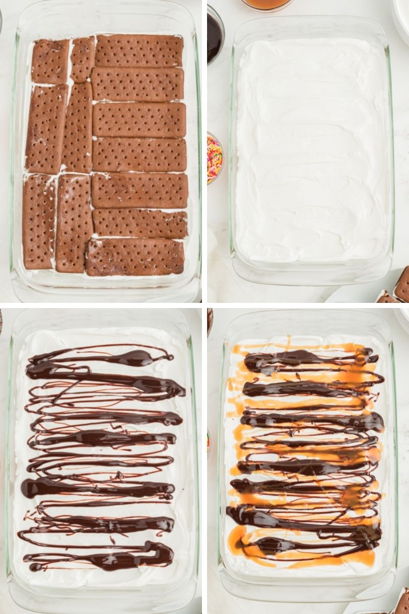 steps: place ice cream sandwiches on bottom layer of glass baking dish; put whipped cream on top; drizzle chocolate sauce; drizzle caramel on top of the chocolate sauce