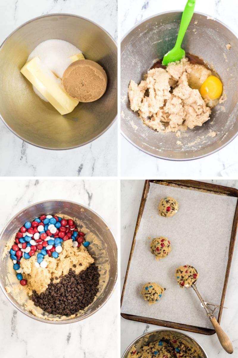 four photos of steps: butter, brown sugar and white sugar in bowl: creamed together and added egg; added red, white, and blue m&ms to the bowl; scoops of cookie dough on cookie sheet