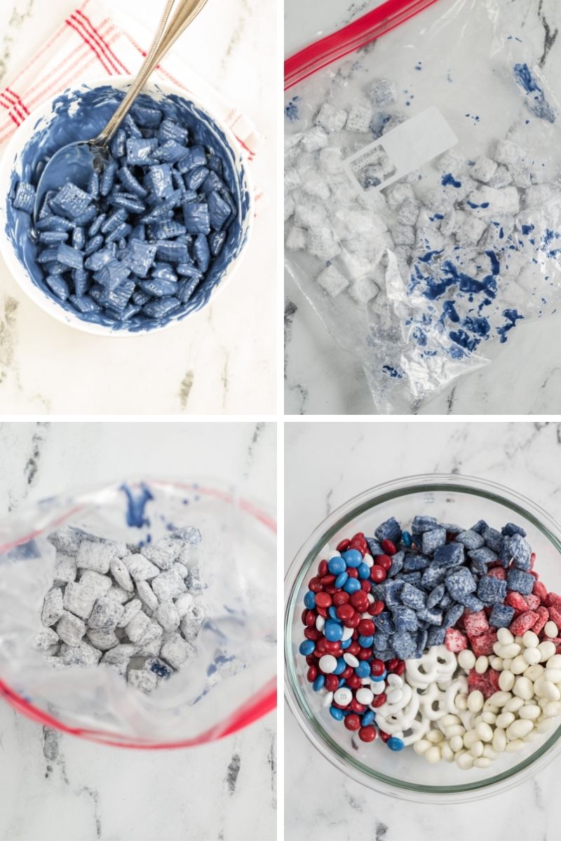 four photos with process: spoon coating chex cereal with blue melted candy, zip top bag with chex mix covered in powdered sugar and blue candy melts; open zip top bag; blue chex, red chex, yogurt covered raisins and yogurt covered pretzels and red, white, and blue M&Ms in clear bowl on counter