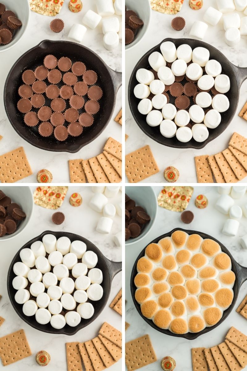 four process photos in cast iron skillet: 1. layer of unwrapped reese's, 2. added two rows of marshmallows, 3. covered reese's with marshmallows, 4. after it's been cooked, golden marshmallows
