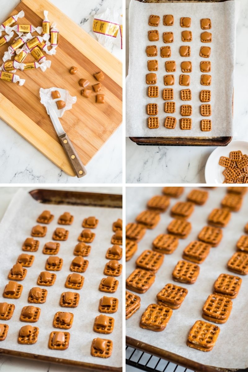 four photos: unwrapping caramels on cutting board; putting pretzel on baking sheet; adding caramels on top of pretzels; topping each caramel with another square pretzel