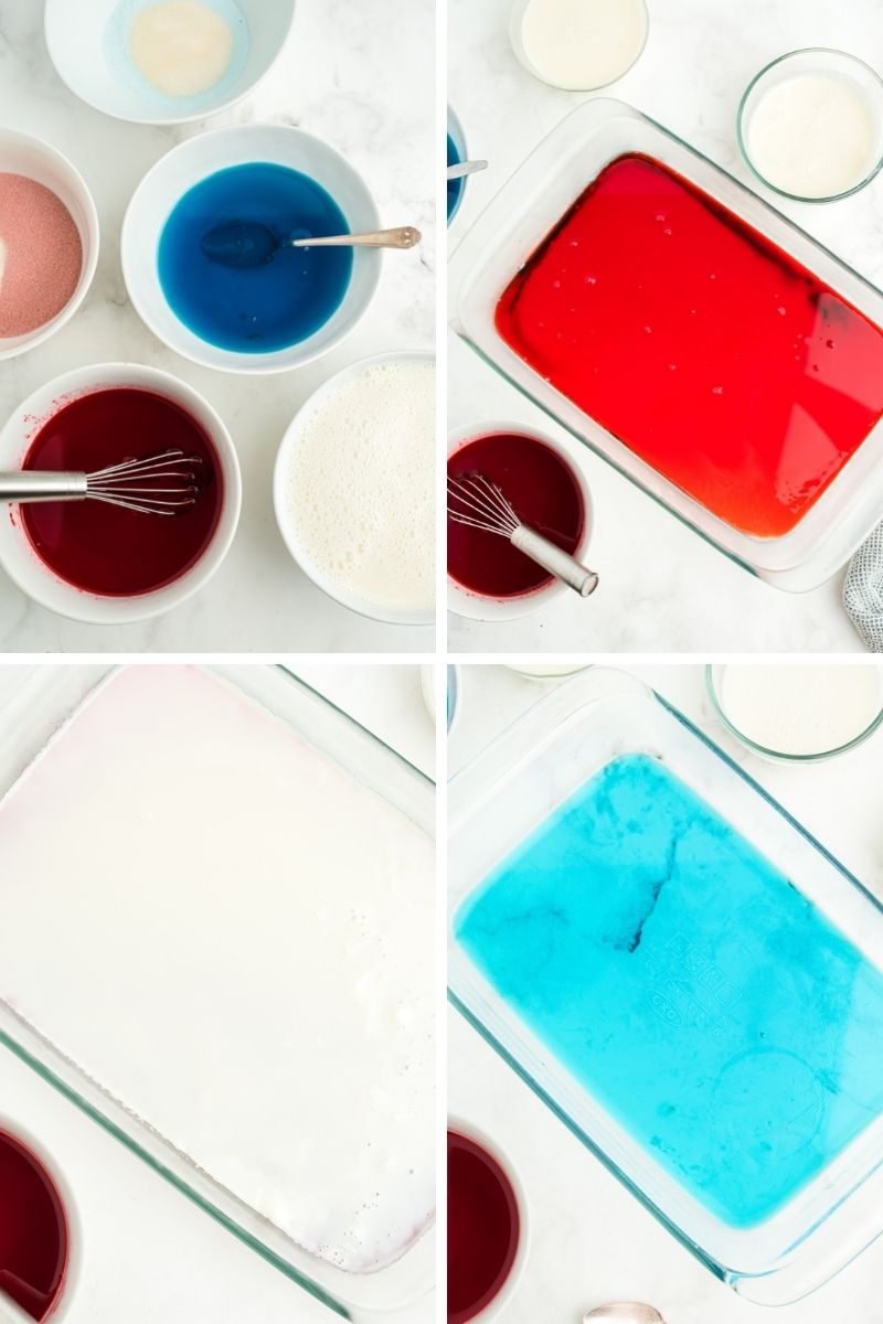 four photos: blue, red, white gelatin in bowls; glass pan with red jello; glass pan with white gelatin; glass pan with blue jello