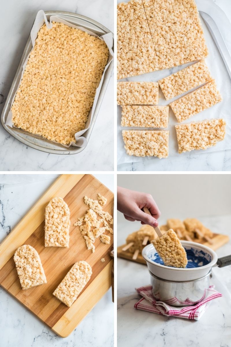 four photos: flat krispy treats in jelly roll pan; cut into rectangles on parchment; trimmed top edges to tops are rounded; hand with popsicle krispy treat being dipped in melted blue candy melts